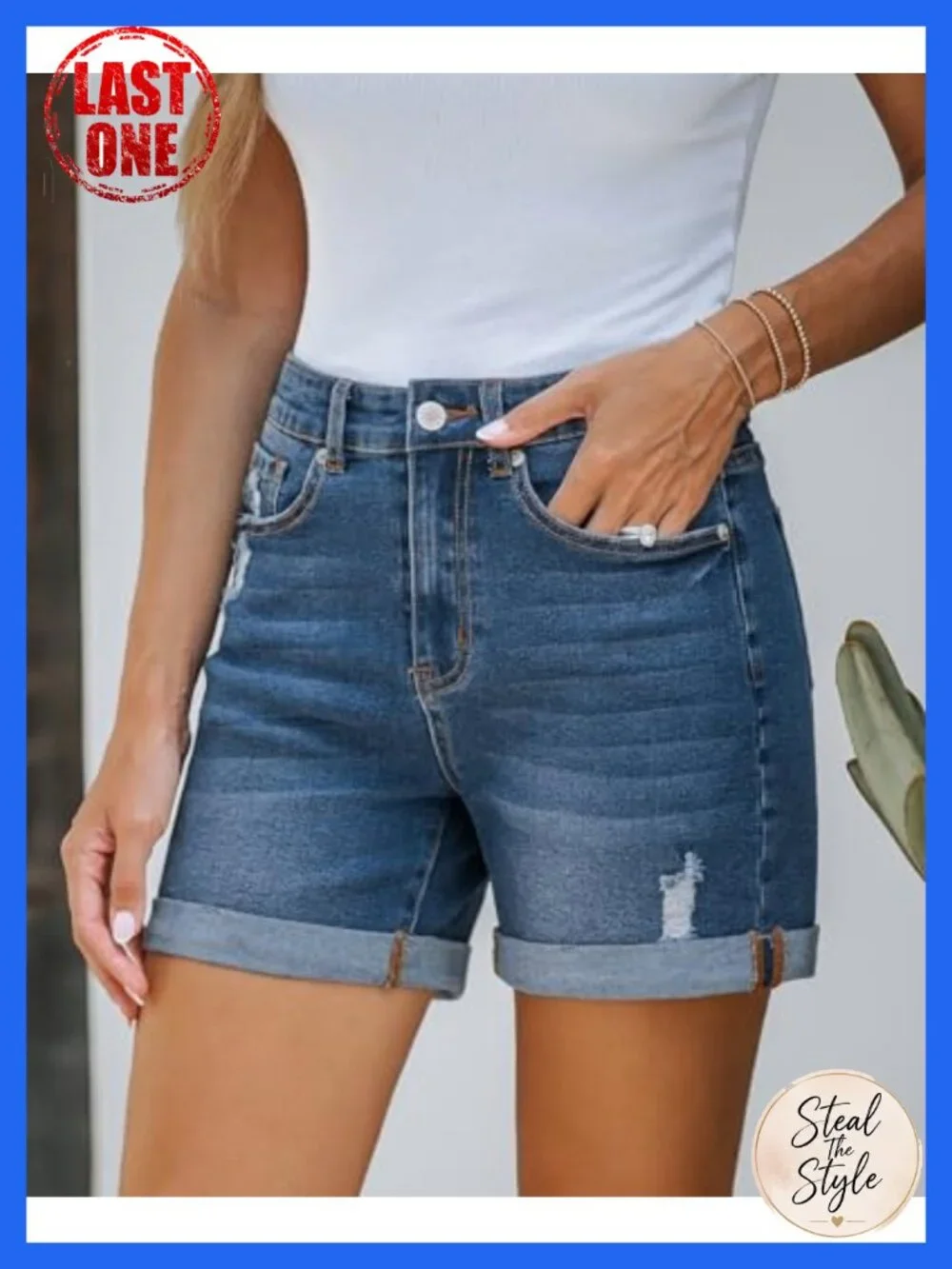 High Waisted Rolled Hem Distressed Denim Shorts for Women, Ripped Jorts with 5